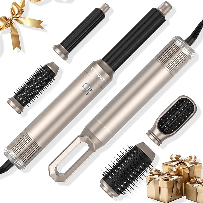 6 in 1 Hair Dryer Brush 60000RPM Blow Dryer Brush Upgrade Multi Hair Styling Tools Powerful Blow Out Auto Wrap Curlers Hot Air Brush Curling Wand Straightener Volumizer (Champagne Silver)