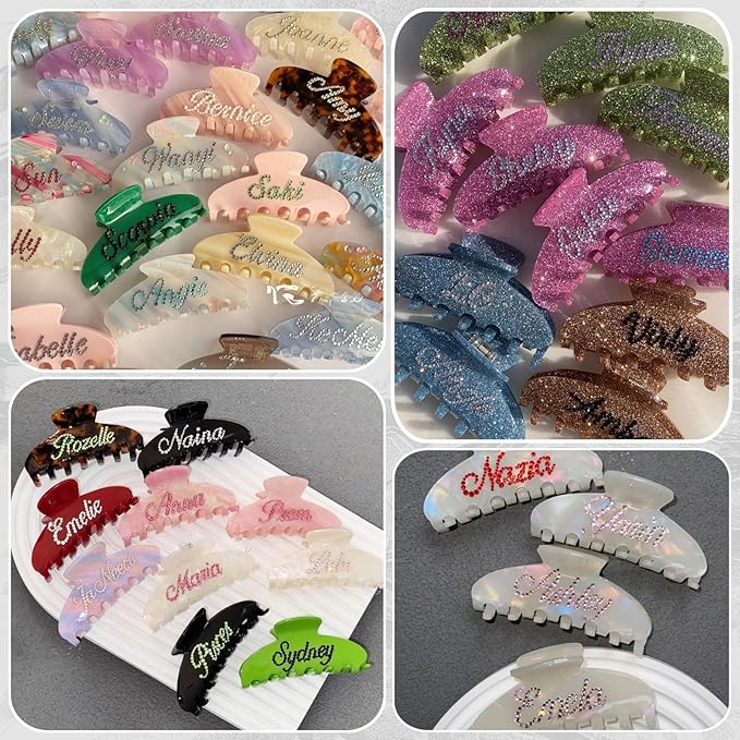 Personalized Colorful Name Hair Claw Clips for Women,Custom Hair Clips with Diamond,Cute Hair Accessories 4",Handmade Rhinestones Hair Clamp Gifts for Mom,Bride,Wife,Bridesmaid,Couples（Flash White）