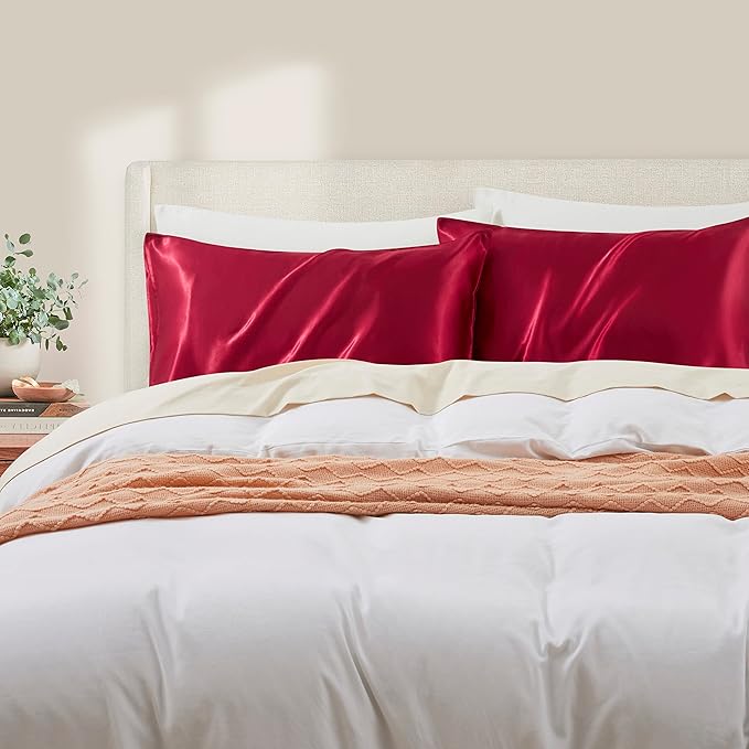 Wine Red Satin Pillowcase Standard Set of 2 with Envelope Closure，Wine Red Silk Pillowcase for Hair and Skin (20x26)