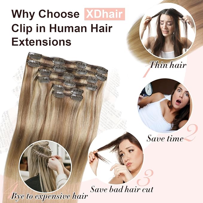 XDhair Clip in Hair Extensions 100g 16 Inch Balayage Hair Extensions Clip in Human Hair Golden Brown to Light Blonde Straight Real Human Hair Extensions Clip ins for Women 6pcs #10/27/27 16 Inch
