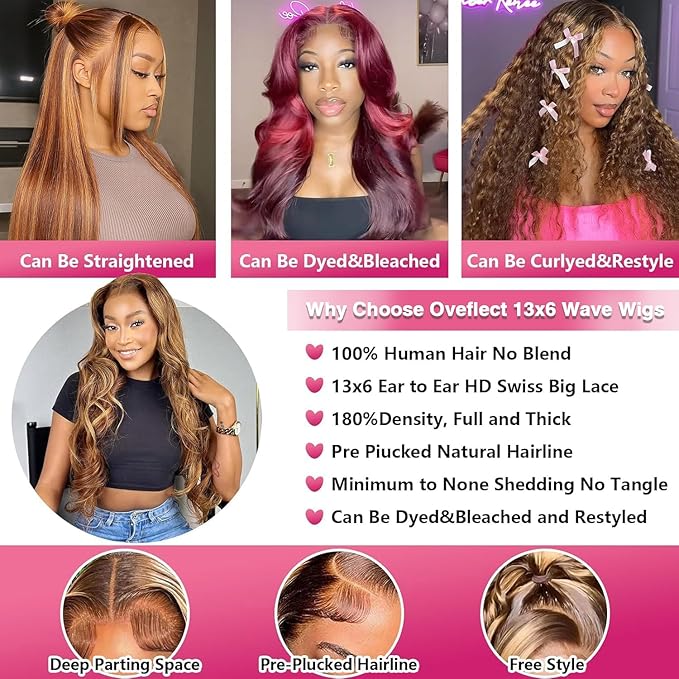 18 Inch 13x6 Lace Front Wigs Human Hair 200 Density P4/27 Highlight Ombre Body Wave HD Lace Front Wigs Human Hair Pre Plucked
