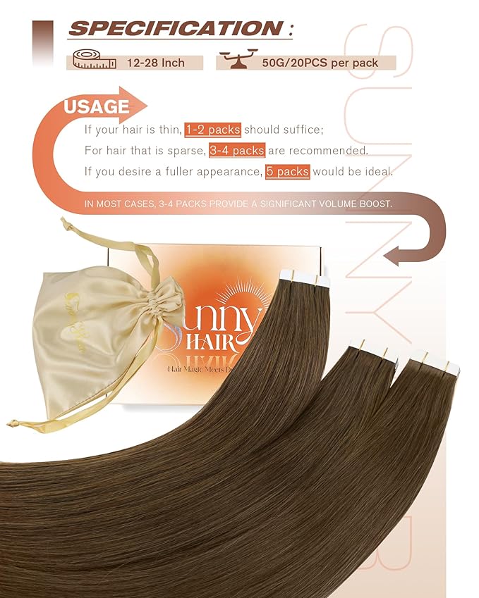 Sunny Hair Human Hair Tape in Extensions, Cool Brown Tape in Hair Extensions Human Hair 16 inch Straight Remy Tape in Human Hair Extensions 20Pcs 50g