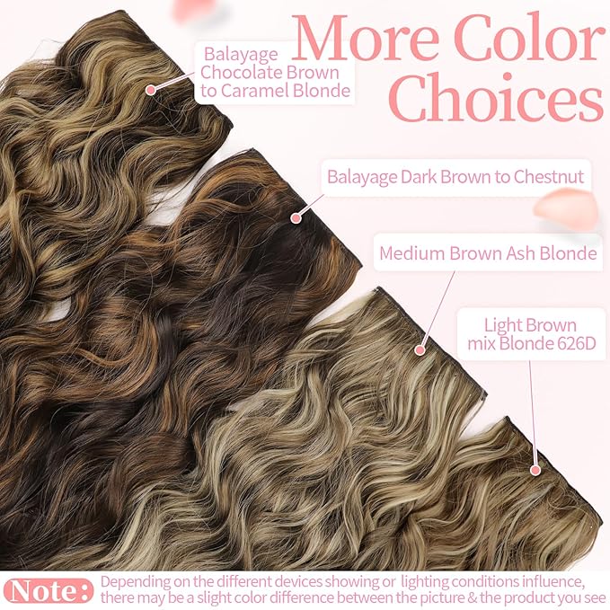 KooKaStyle Clip in Hair Extensions Long Wavy 4PCS Thick Hairpieces Synthetic Highlight Hair Extensions Balayage Dark Brown to Chestnut H2/426 Fiber Double Weft Natural 24Inch for Women