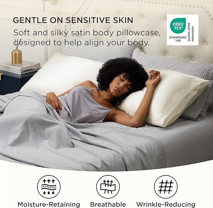 Bedsure Body Pillow Cover 20x54 Inches - Ivory Satin Similar to Silk Pillowcase for Hair and Skin, Cooling and Silky Long Body Pillow Case Cover with Envelope Closure, Gifts for Women Men