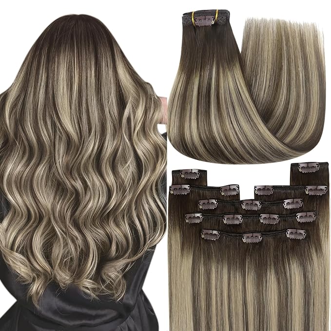 YoungSee 135G Clip in Hair Extensions Brown Balayage Clip in Extensions Real Human Hair Chocolate Brown with Ash Blonde Balayage Remy Hair Extension Clip ins Human Hair Full Head 16Inch 7pcs