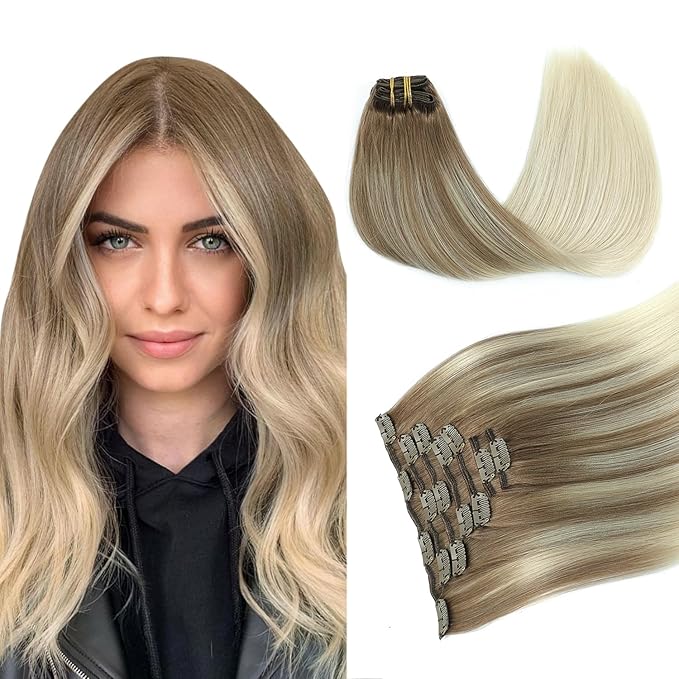 PINKPEARL Human Hair Clip in Hair Extensions 20inch #8T60 Ash Brown to Platinum Blonde Balayage Clip in Hair Extensions Real Human Hair 7pcs 120g Natural Remy Human Hair(#8T60-20)
