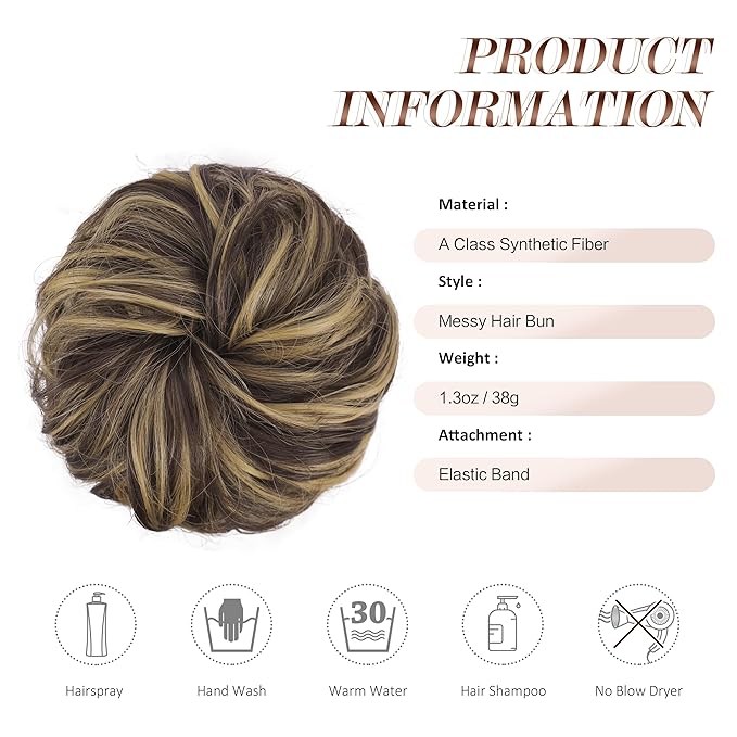 FESHFEN Messy Bun Hair Piece - Elastic Wavy Curly Hair Bun Scrunchies Extensions Synthetic Chignon Hairpieces for Women, Dark Brown & Champagne Blone 1.5 oz