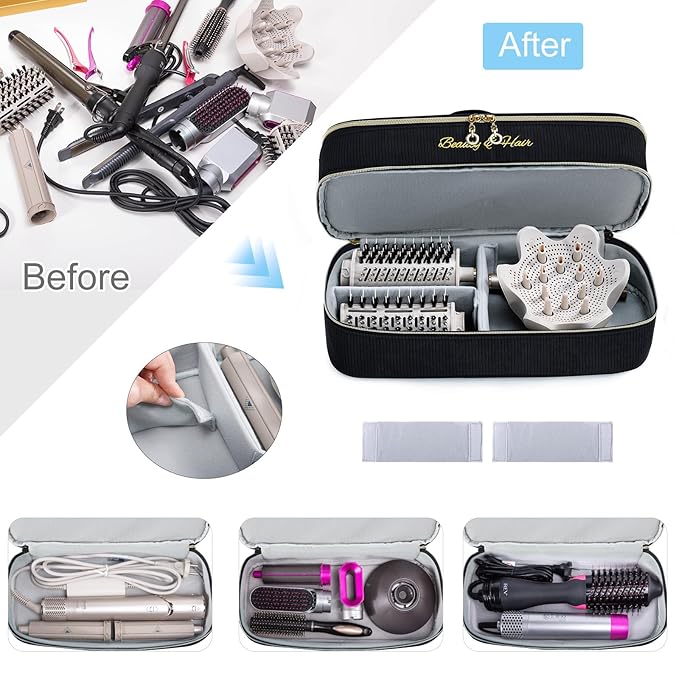 Double-layer Hair Tools Travel Case with Black Hair Dryer Bag with Detachable Divider compatible with Shark FlexStyle/SmoothStyle - Flat Curling Iron Travel Organizer