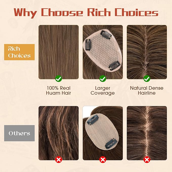 Rich Choices Human Hair Toppers for Women-100% Real Remy Hair Topper with 3D 360°Bang-Upgraded 150% Density 9 * 12CM Lace Base-Clip in Hairs topper for Thinning Hairs-10Inch #2 Dark Brown