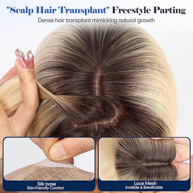HAIRCUBE Hair Toppers For Women With Thinning 5"*5" Large Base Real Hair Toppers For Women, 14 Inch For Hand-Woven, 60g, Silk, Natural, realistic, Use Daily, Hairloss, Ombre Light Blonde, No Bangs