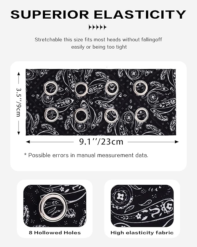 Grommet Headband for Women, Black Paisley 23cm Hollow Out Elastic Hair Band, Eyelets Punk Grunge Stylish Hairband