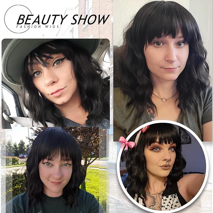 Nnzes Black Wavy Wigs with Bangs Women’s Short Black Bob Wig Synthetic Natural Looking Heat Resistant Fiber Hair
