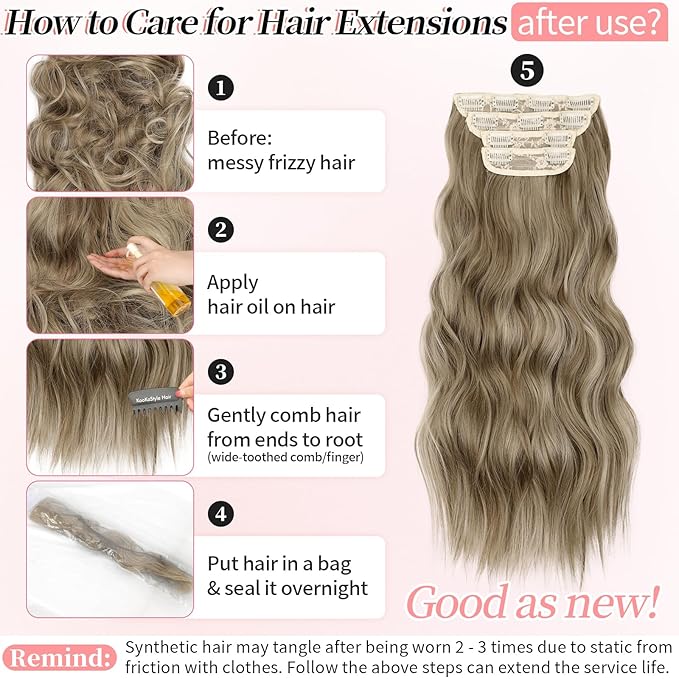 KooKaStyle Hair Extensions Ashy Taupe Blonde Clip in Synthetic Highlight Long Wavy 4PCS Thick Hairpieces for Daily Use 20 Inch for Women