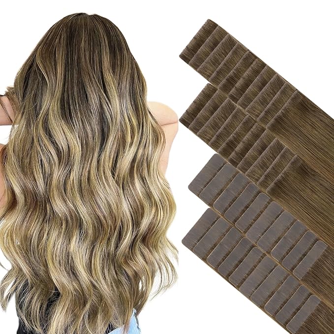 GOO GOO Invisi Edge Tape in Hair Extensions Human Hair, 3/8/613 Walnut Brown to Ash Brown and Bleach Blonde 20pcs injected with 20pcs classical tape ins, 12inch 80g, Virgin Remy Hair, Natural Look