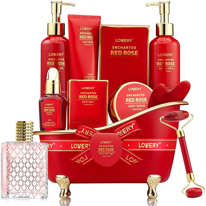 Christmas Gifts, Spa Gifts for Women, Bath and Body Gift Set, Red Rose Gift Basket Relaxation, Pampering, Thank You, Birthday Gifts for Mom Her with Perfume, Jade Roller, Quartz Gua Sha Stone & More