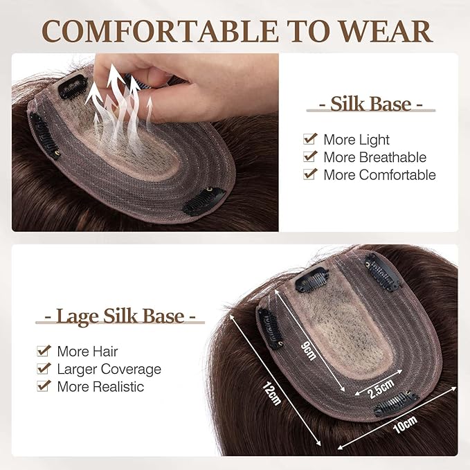 Rich Choices Hair Toppers for Women Real Human Hair NO Bangs 100% Human Remy Toppers for Women with Thinning Hairs on Top Clip in Hairpiece 4"x4.7" Large Lace Base 16 Inch #2 Dark Brown