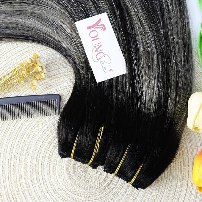 YoungSee Invisible Wire Hair Extensions Real Human Hair Ombre Black Hair Extensions Wire Silver Balayage Fish Line Hair Extension for Women 18Inch 80G
