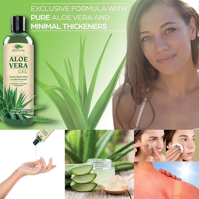 Green Leaf Naturals Amazing Aloe Vera Gel - Freshly Cut, 100% Pure Aloe, Premium Quality, Vegan, Unscented - Natural Sunburn Relief, After Shave, Skin, Face & Hair Care 12oz