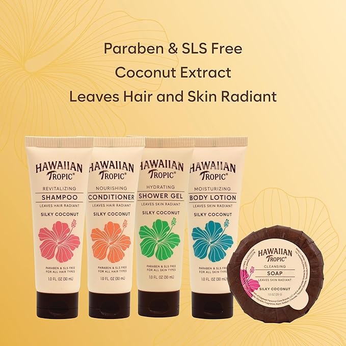 Hawaiian Tropic Silky Coconut Bulk Amenities (150 Pack) - Complete Travel Size Toiletries Kit with Shampoo, Conditioner, Body Wash, Lotion & Soap, Airbnb Essentials for Hosts, Hotels & Guest Bathrooms