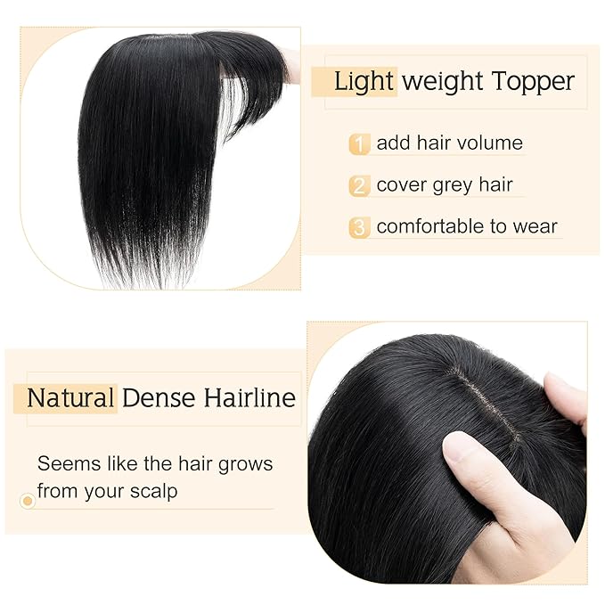 SEGO Hair Toppers for Women Real Human Hair With Bangs, 7 * 13CM Silk Base 100% Remy Human Hair Clip in Top Wiglet Hairpieces Add Volume -18 Inch Jet Black