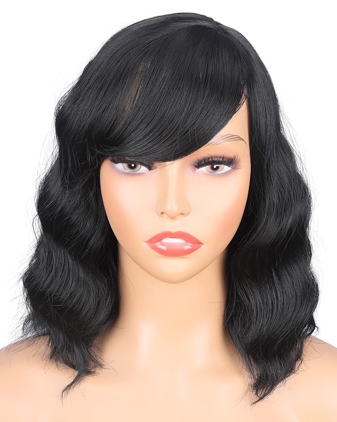 Short Wavy Wigs With Bangs 14 Inch Black Wigs For Black Women Natural Looking Soft Light Synthetic Hair Replacement Wigs Heat Resistant (14 inch,black)