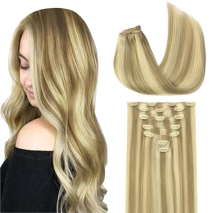 GOO GOO Clip in Hair Extensions Real Human Hair, Remy Human Hair Extensions Clip ins for Women, Natural Human Hair, 26inch 135g 7Pcs, 16/22 Light Blonde Highlighted Golden Blonde