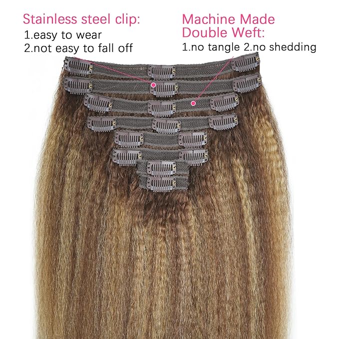 Kinky Straight Clip in Hair Extensions Real Human Highlight Clip ins For Women Unprocessed Clip on Hair Extensions(24inch,#4/27/4)
