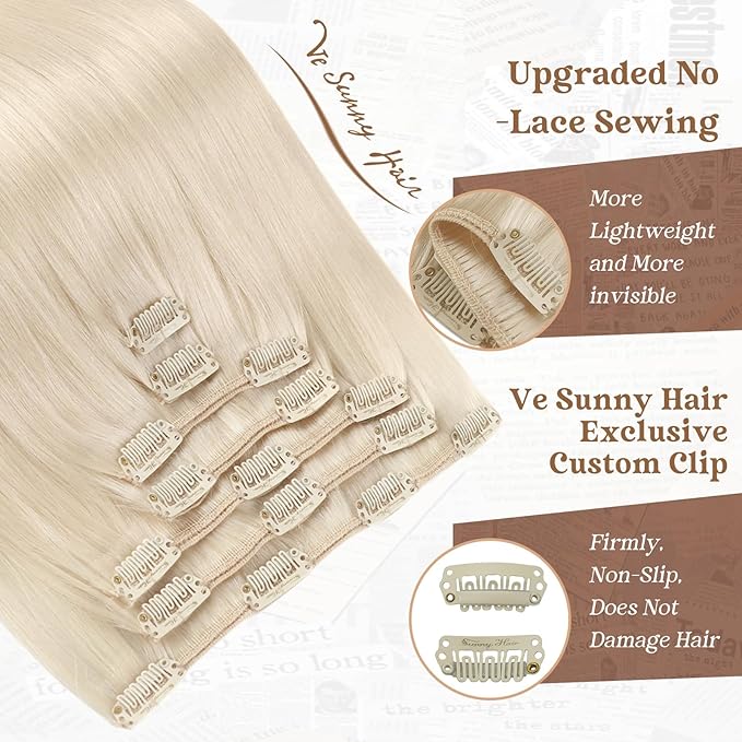 Ve Sunny Clip in Human Hair Extensions Soft Human Hair Clip in Extensions Platinum Blonde Clip in Hair Extensions Short Straight Hair Extensions Clip ins White Color 5pcs 80g 12inch