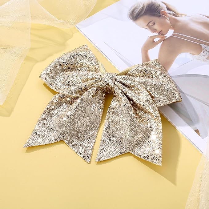 Large Glitter Cheer Bows Clips, Jumbo Big 7 Inch Cheerleading Sequin Hair Bow Hair Accessories for Teens Girls Football Sports Cheerleader Outfit Uniform (Gold)