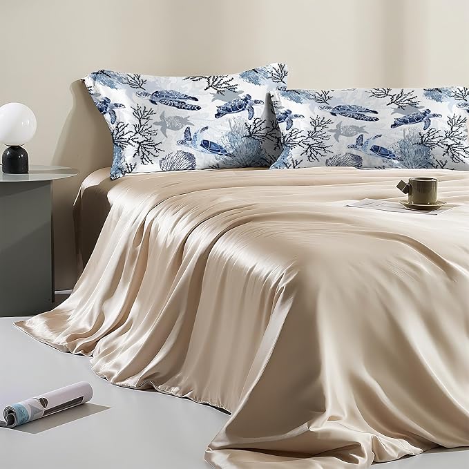 Nautical Turtle and Corals Satin Pillow Case Queen Size,Soft Pillowcases for Hair and Skin Similar to Silk,Pillowcases with Hidden Zipper Bedding Accessories,20X30 Inches,1 Pack
