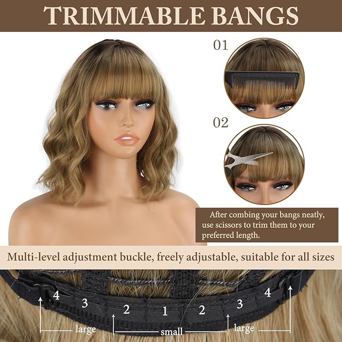 MISSQUEEN Short Dark Blonde Wavy Bob Wig with Bangs Honey Blonde Wig for Women Natural Heat Resistant Fiber Synthetic Curly Hair for Daily Party Chrismas Halloween Used (12 Inches)
