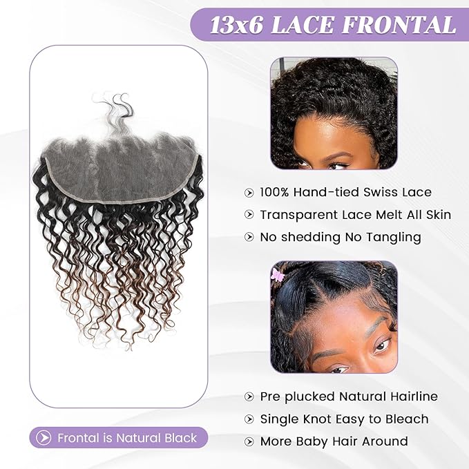 T1B/2/30 Ombre 13x6 Water Wave Lace Frontal 100% Real Human Hair 16 Inch Chestnut Brown Ombre Water Wave Transparent Lace Frontal