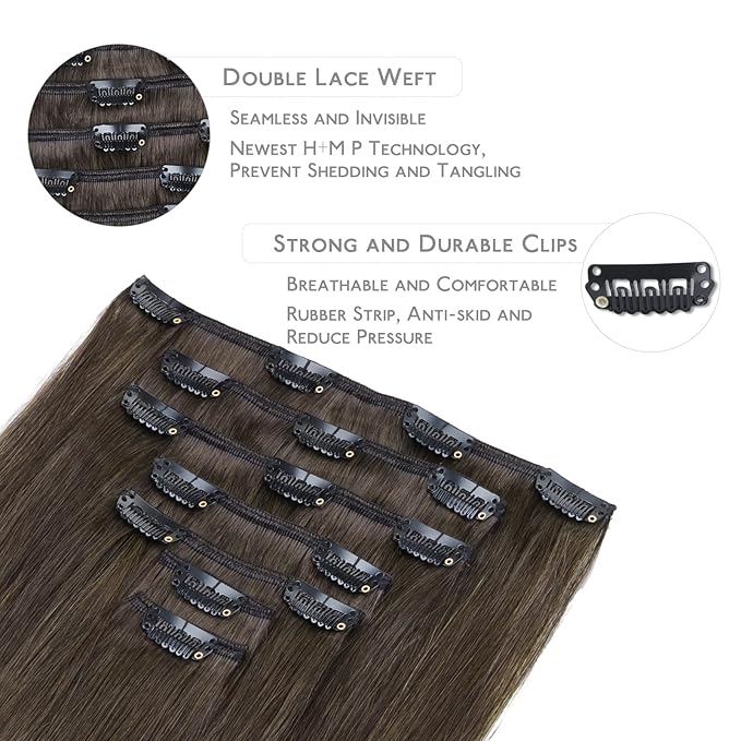 WENNALIFE Clip in Hair Extensions Real Human Hair, 18 Inch 120g 7pcs Human Hair Extensions Clip In Human Hair, Cool Dark Brown Clip In Real Hair Coloured Remy Human