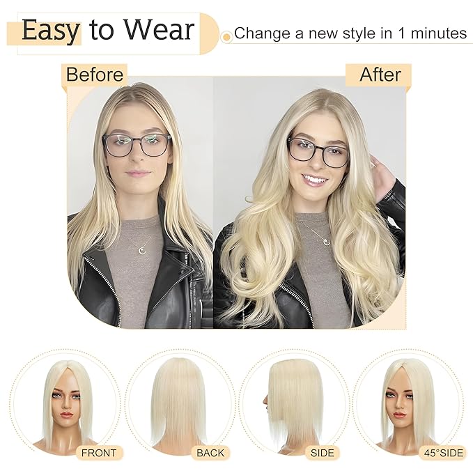 SEGO Human Hair Toppers for Women With Thinning Hair, 7 * 13CM Silk Base 100% Real Human Hair Clip in Top Wiglet Hairpieces /8 Inch No Bangs Platinum Blonde