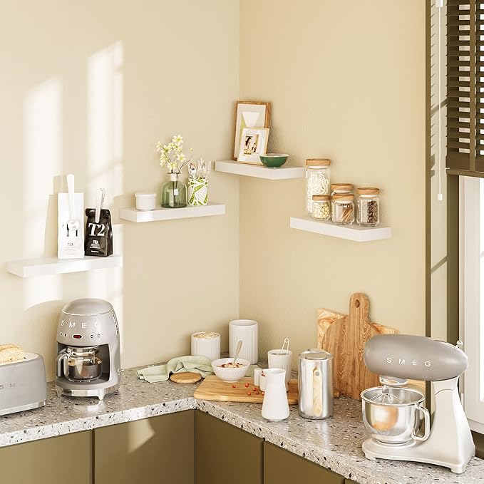 BAMEOS Floating Shelves, White Wall Mounted Wooden Shelves with Invisible Brackets Set of 2, Hanging Wall Shelves Decoration for Bedroom, Bathroom, Living Room and Kitchen