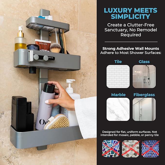 ShowerSMART Rust Resistant Hygienic Shower Caddy – Hanging Bathroom Organizer with Adjustable Shelves, Easy Clean Trays & Magnetic Hooks for DIY Remodels & Shower Niches - Black