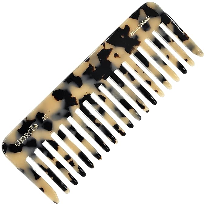 Giorgio G49 White Tokio, Large Wide Tooth Detangling Comb for Thick Curly Wavy Hair. Wet & Dry Hair Detangler - Handmade of Quality Cellulose, Saw-Cut, Hand Polished