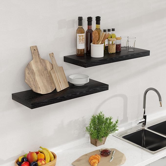 24 Inch Floating Shelves, Rustic 24 x 9 Black Floating Shelf for Wall, Black Bathroom Shelf Set of 2, Farmhouse Wood Wall Shelves for Bedroom, Kitchen, 9 Inch Deep Shelves for Home Storage
