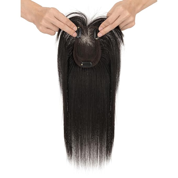 Hairro Human Hair Toppers with Wispy Bangs, 3D 360° Seamless Real Hair Toppers, Hand-Tied with 3.5"x4.7" U-shaped Base, Clip-In Hairpieces to Add Volume on Top, 12 Inch Natural Black