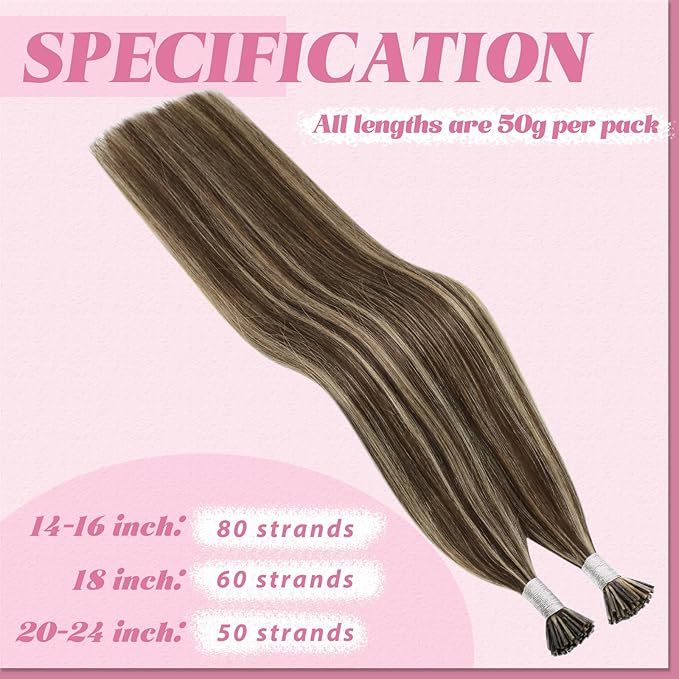 YoungSee Itip Human Hair Extensions Brown I Tip Hair Extensions Human Hair Highlight Dark Brown with Caramel Blonde Tip Hair Extension Human Hair Short 14In 80s 50g