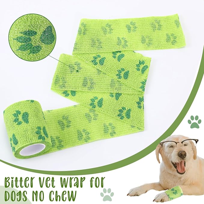 3 Rolls No Chew Bandage for Dogs Bitter Bandage Wrap for Dogs Wound Wrap (2 Inches X 5 yd,Green)