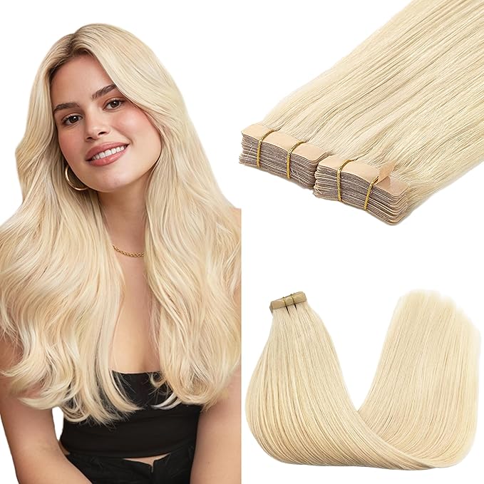 GOO GOO Tape in Hair Extensions Human Hair, 613R Bleach Blonde, 14inch 100g 40pcs, Skin Weft Seamless Invisible, Silky Straight with Thick Ends, Remy Human Hair