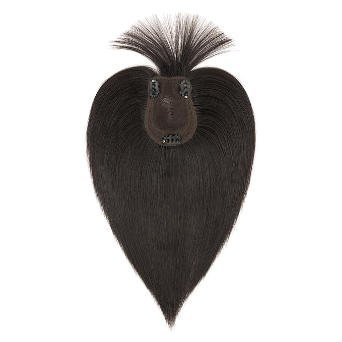 Hairro Human Hair Toppers with Wispy Bangs, 3D 360° Seamless Real Hair Toppers, Hand-Tied with 3.5"x4.7" U-shaped Base, Clip-In Hairpieces to Add Volume on Top, 12 Inch Natural Black