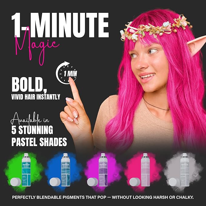 Herbishh Koloret Pastel Pink Hair Tint Spray (69g), Washable Temporary Color Mist for Light Hair, Quick-Dry, Non-Sticky Spray for Women, Travel-Friendly Root Touch Up