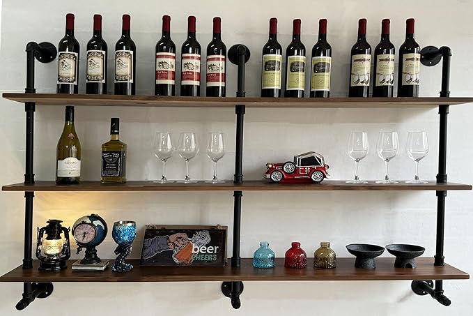 ROGMARS Industrial Pipe Wall Shelves Pipe Shelving,Natural Wood 60 Inches Long Walnut Floating Shelves for Wall Farmhouse Pipe Book Shelves for Kitchen,Living Room, Bar Shelving