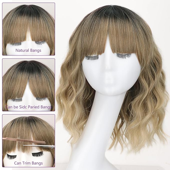 AISI HAIR Synthetic Wavy Curly Bob Wig with Bangs Ombre Blonde Mixed Short Hair for Women Synthetic Heat Resistant Bob Wigs