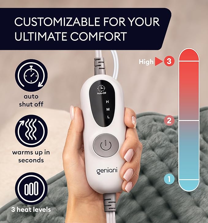 GENIANI XL Electric Heating Pad for Back Pain & Cramps Relief, Electric Throw, Auto Shut Off, Machine Washable, Moist Heat Pad for Neck & Shoulder - Christmas Gift for Women, Extra Large 24x12