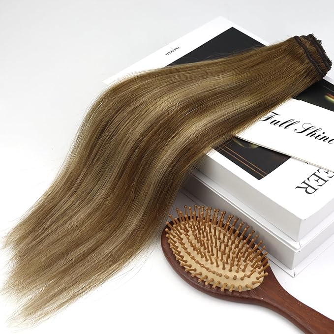 Full Shine Human Hair Clip in Extensions Brown Lace Clip in Human Hair Ombre Brown Fading to Blonde Highlight Straight Hair for Women 16 Inch 3 PCS 60 Grams