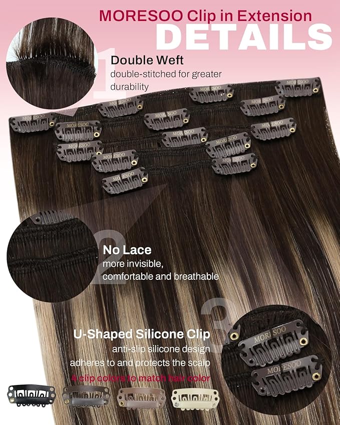 Moresoo Real Hair Extensions Clip in Human Hair Brown Ombre Blonde Mix Medium Brown Balayage Clip in Hair Extensions Long Silky Straight 5pcs 80G 22inch