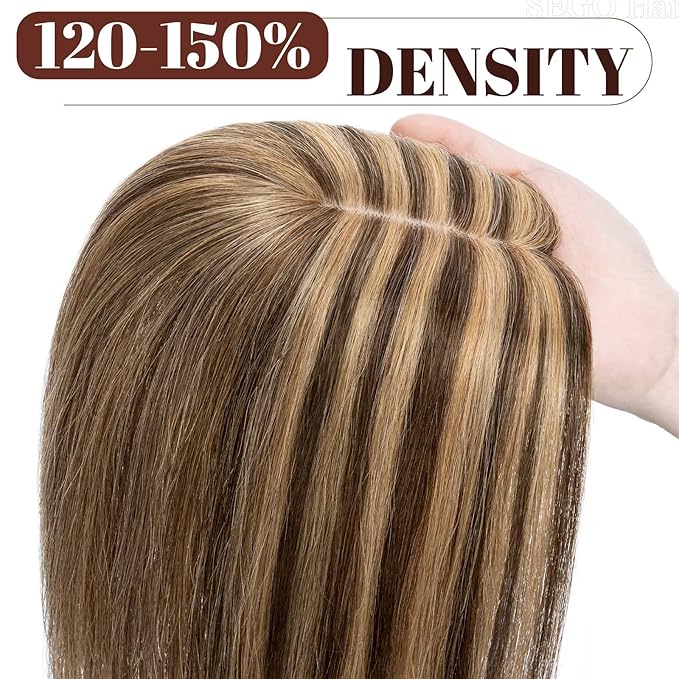 SEGO Real Human Hair Topper for Women without Bangs, Hair Topper with Anti-Slip Clips (8 Inch#4/27 Medium Brown Mix Dark Blonde)